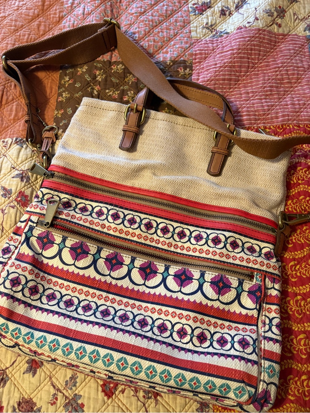Fossil Boho Woven Canvas Tote Crossbody Bag Leather Trim Multicolor - Picture 2 of 6